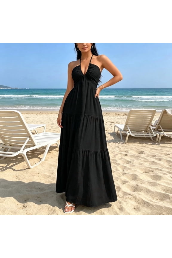 Women's Bohemian Tie Halter Neck Backless Tiered Maxi Dress – Ruffle Hem, Solid Color, Beach Vacation Long Dress Black,S