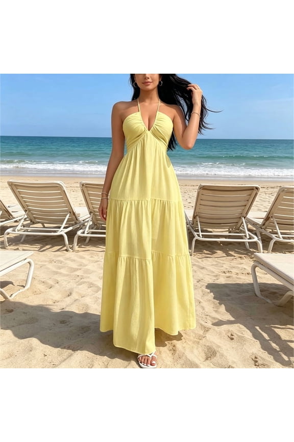 Women's Bohemian Tie Halter Neck Backless Tiered Maxi Dress – Ruffle Hem, Solid Color, Beach Vacation Long Dress Yellow,M