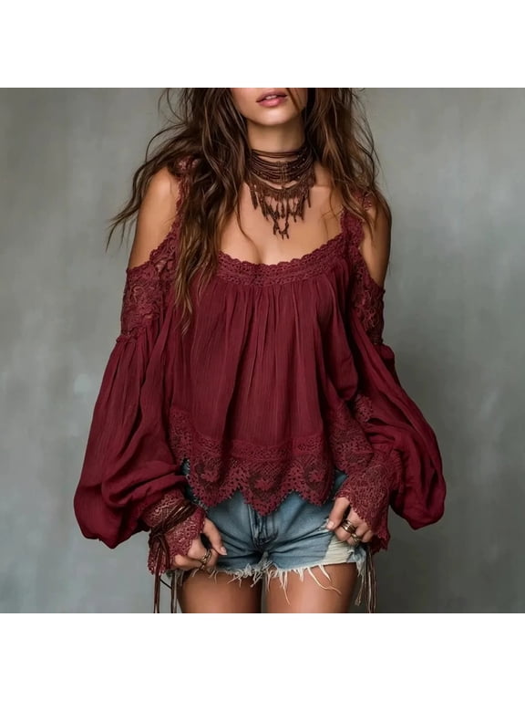 Women's Boho Cold Shoulder Blouse – Lace Crochet Trim Puff Long Sleeve Flowy Top Loose Casual Beach Vacation Shirt Wine Red,S
