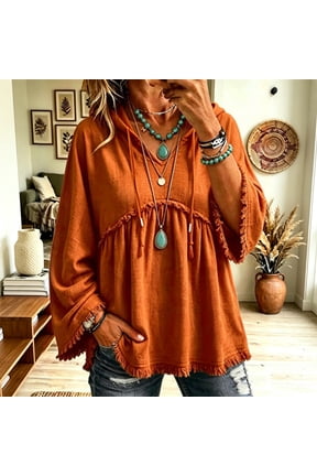 Women's Boho Drawstring Hoodie Long Sleeve Tunic Loose Fit Smock Top with Fringe Hem Casual Flowy Shirt Orange,M