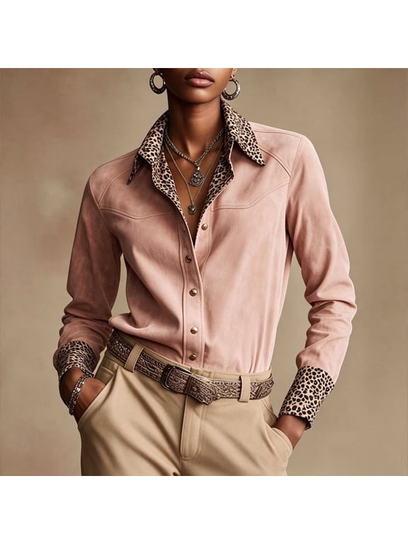 Women's Boho Faux Suede Button Down Shirt – Slim Fit Leopard Print Collar & Cuffs Casual Blouse for Daily Wear Pink,S