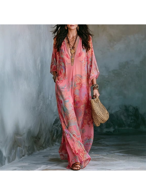 Women's Boho Floral Print Batwing Sleeve Ethnic Retro V-Neck Embroidered Trim Casual Vacation Maxi Dress Rose Red,M