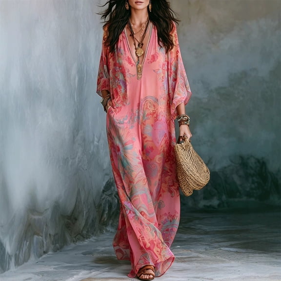 Morttic Women's Boho Floral Print Batwing Sleeve Ethnic Retro V-Neck Embroidered Trim Casual Vacation Maxi Dress Rose Red,S