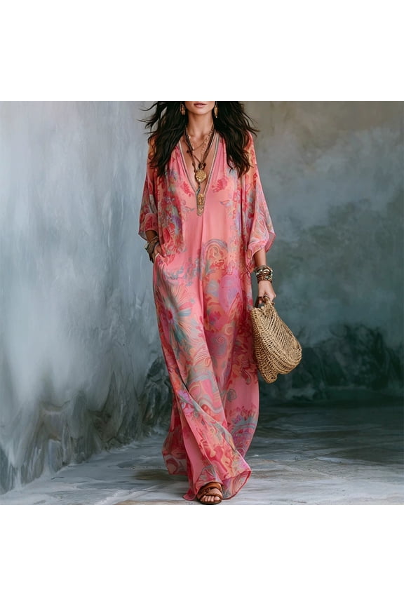 Women's Boho Floral Print Batwing Sleeve Ethnic Retro V-Neck Embroidered Trim Casual Vacation Maxi Dress Rose Red,S