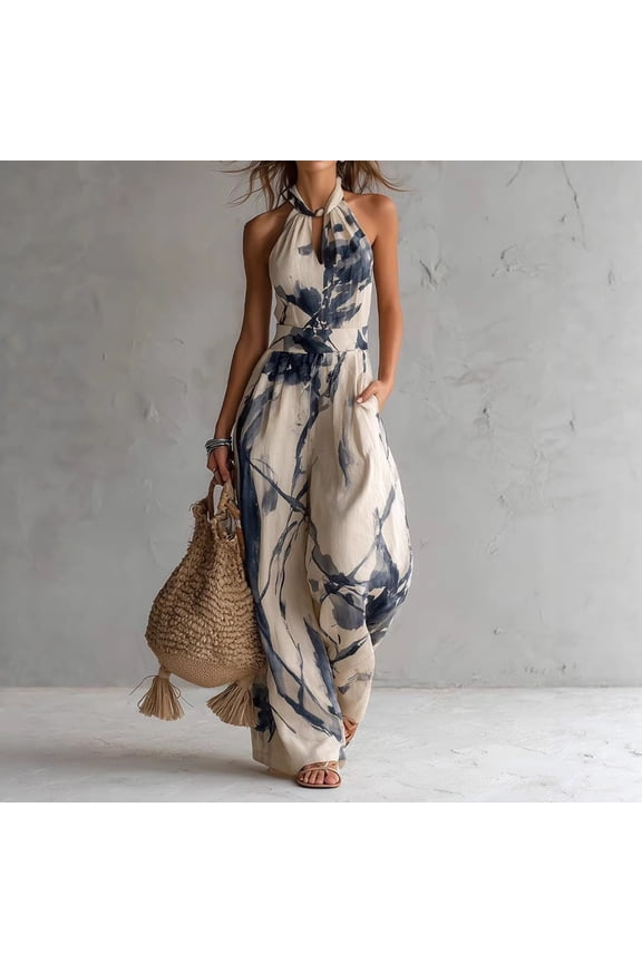 Women's Boho Halter Neck Keyhole Cutout Sleeveless Jumpsuit – Abstract Ink Print High Waist Wide Leg with Pockets Navy Blue，M