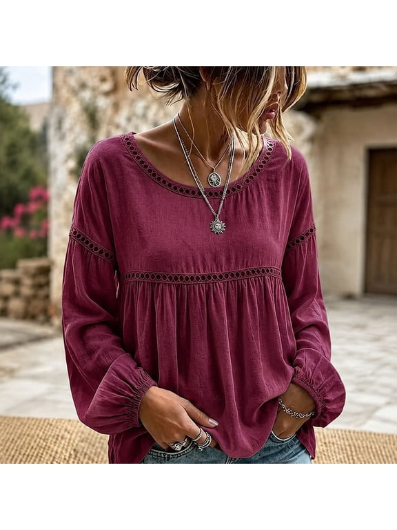 Women's Boho Lantern Sleeve Hollowed-Out Patchwork Top – Round Neck Comfy Loose Long Sleeve Casual Daily Blouse Wine Red,XL