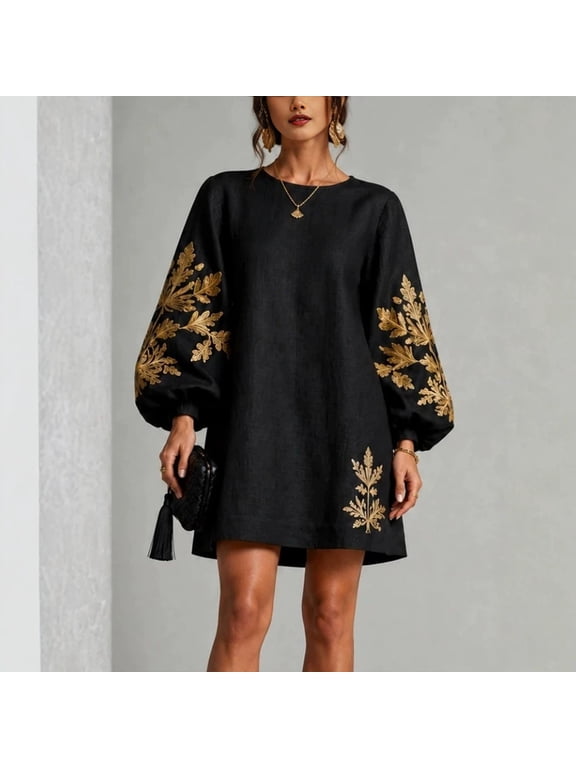 Women's Boho Leaf Print Mini Dress – Round Neck Balloon Long Sleeve Loose Shift Dress Casual Party Vacation Outfit Black,M