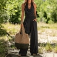 thumbnail image 1 of Morttic Women's Boho Solid Color 2 Piece Set – Draped Halter Sleeveless Tank Top & Smocked High Waist Wide Leg Pants Dark Gray，XXL, 1 of 4