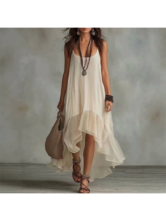 Women's Boho Spaghetti Strap Irregular Hem Midi Dress – Sleeveless A-Line Flowy Dress Casual Beach Vacation Outfit Ivory White,XXL