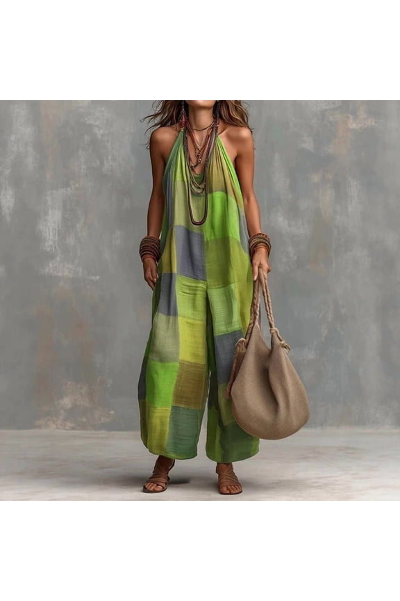 Women's Boho Spaghetti Strap V-Neck Printed Checkered Jumpsuit – Sleeveless Loose Flowy Wide Leg Romper Green，S