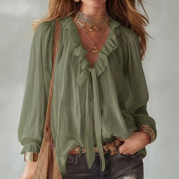 Morttic Women's Boho Tie Front Ruffle V-Neck Blouse – Solid Color Retro Sheer Long Sleeve Loose Flowy Cuffed Sleeve Shirt Light Green,M