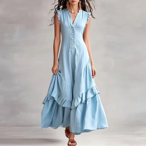 Morttic Women's Button Front Lace Trim Maxi Dress – V-Neck Sleeveless A-Line, Solid Color Casual Elegant Long Dress Sky Blue,L