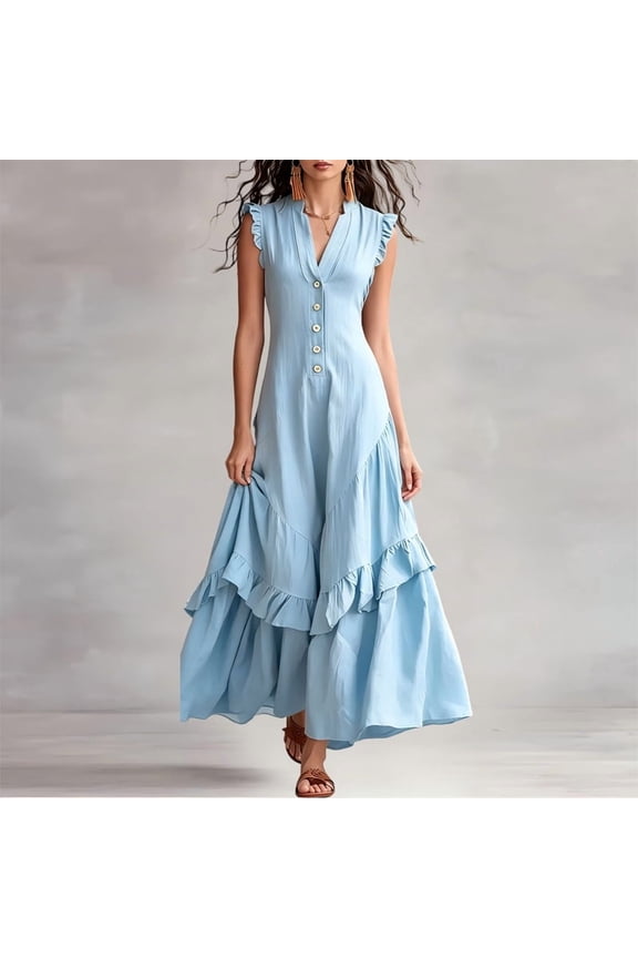 Women's Button Front Lace Trim Maxi Dress – V-Neck Sleeveless A-Line, Solid Color Casual Elegant Long Dress Sky Blue,L