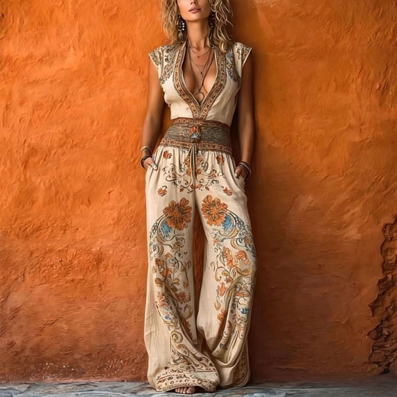 Morttic Women's Cap Sleeve V-Neck Printed Drawstring High Waist Wide Leg Long Jumpsuit with Pockets Boho Vacation Beach Wear Apricot,M