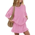 thumbnail image 1 of Morttic Women's Casual 2 Piece Set – Round Neck Short Sleeve Top & Mini Skirt with Lace Hem Solid Color Summer Outfit Light Pink，XL, 1 of 4