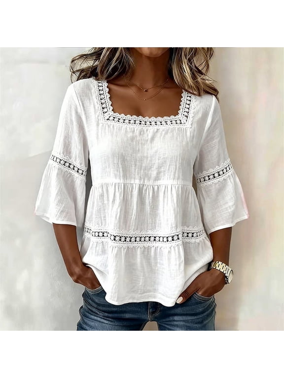 Women's Casual Boho Lace Trim Square Neck Top – 3/4 Sleeve Tiered Blouse Loose Solid Color Summer Vacation Wear White,S