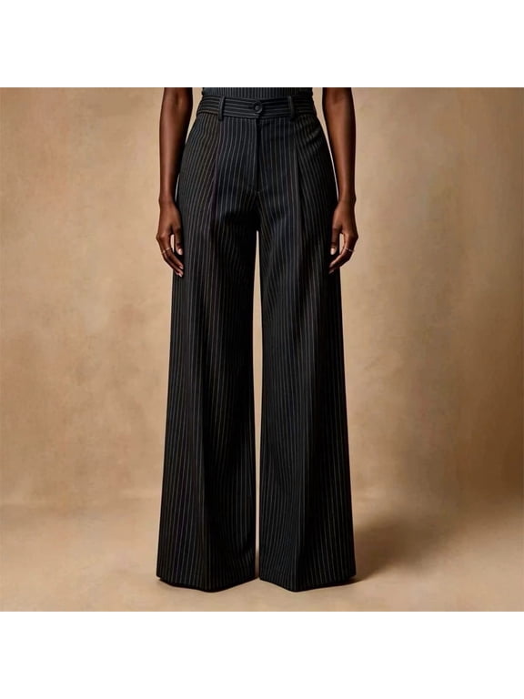 Women's Casual Daily Striped Button Down Pants – Vertical Stripe Side Pocket Wide Leg Trousers for Office Commuting Black,L