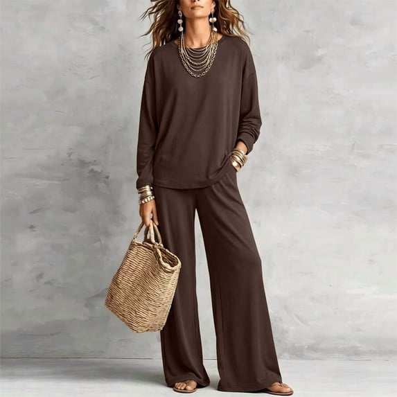 Morttic Women's Casual Loose Two-Piece Set Long Sleeve Round Neck Top & Elastic Waist Wide-Leg Pants with Pockets Coffee,L