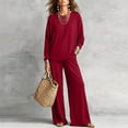 thumbnail image 1 of Morttic Women's Casual Loose Two-Piece Set Long Sleeve Round Neck Top & Elastic Waist Wide-Leg Pants with Pockets Wine Red,S, 1 of 3
