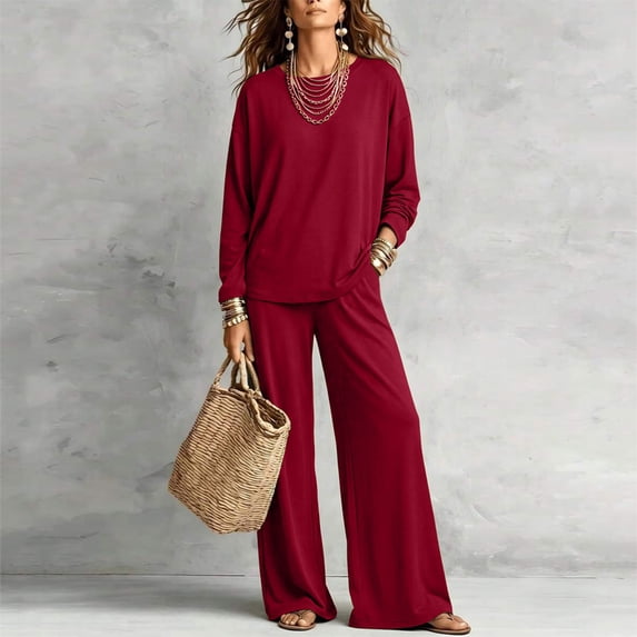 Morttic Women's Casual Loose Two-Piece Set Long Sleeve Round Neck Top & Elastic Waist Wide-Leg Pants with Pockets Wine Red,S