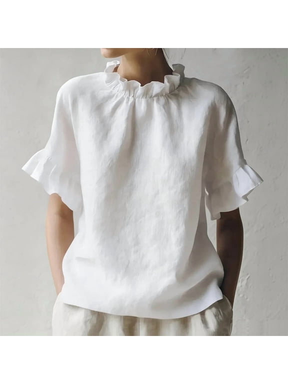 Women's Casual Ruffle Neck Short Sleeve Top – Loose Fit Summer Loungewear Solid Color Blouse for Spring & Summer White,XXXL