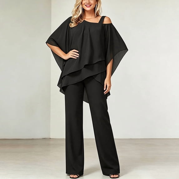 Morttic Women's Casual Solid Color 2 Piece Set – Batwing Sleeve Double-Layer Hem Top & Wide Leg Pants Office & Vacation Wear Black,XL