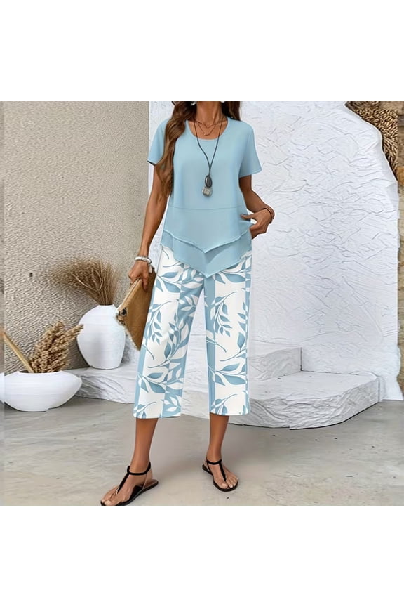Women‘s Casual Solid Color Crewneck Short Sleeve T-Shirt & Floral Print Wide Leg Pants Set Spring/Summer Outfit Sky Blue，2XL