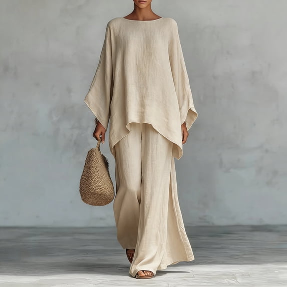 Morttic Women‘s Casual Solid Color Long Sleeve T-Shirt & Wide Leg Pants Set Spring/Summer Lounge Outfit Khaki,XL