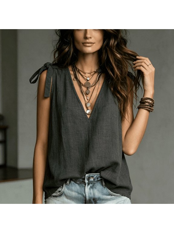 Women's Casual Solid Color V-Neck Tie-Strap Sleeveless Top – Fashionable for Vacation & Home Daily Wear Black,M