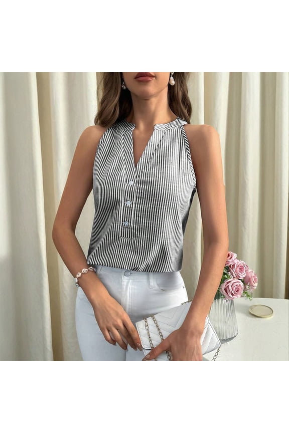 Women's Casual Striped Halter Neck Top – Elegant V-Neck Button Front Sleeveless Summer Fashion Blouse Black,M