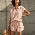 thumbnail image 1 of Morttic Women's Casual V-Neck Short Sleeve Top & Drawstring Shorts 2 Piece Set – Solid Color Summer Lounge & Vacation Outfit Pink，L, 1 of 3