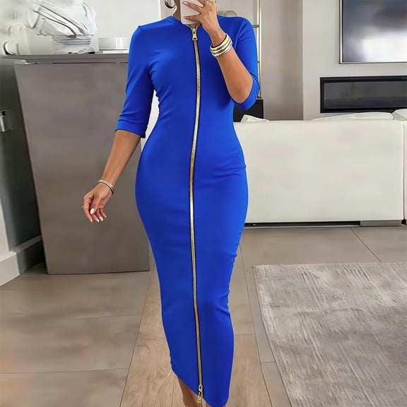 Morttic Women's Casual Zipper Mid-Sleeve Dress – Solid Color Relaxed Fit Tee Dress Comfortable Daily Wear Blue,XXL