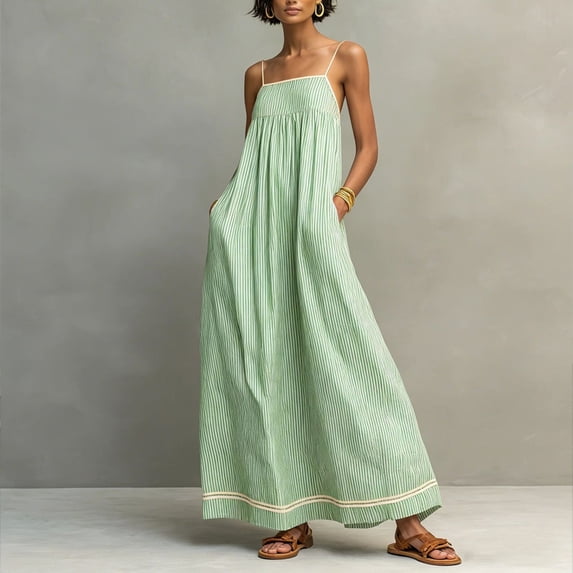 Morttic Women's Chic Spaghetti Strap Sleeveless Maxi Dress – Side Pockets Casual Summer Sundress Beach & Vacation Outfit Light Green,M