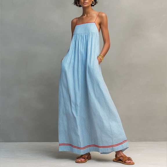 Morttic Women's Chic Spaghetti Strap Sleeveless Maxi Dress – Side Pockets Casual Summer Sundress Beach & Vacation Outfit Sky Blue，S