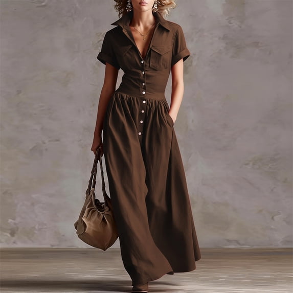 Morttic Women's Collared Button Shirt Short Sleeve Waist Cinched A-Line Elegant Solid Pockets Maxi Dress Vacation Casual Outfit Dark Brown,XL