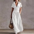 thumbnail image 1 of Morttic Women's Collared Button Shirt Short Sleeve Waist Cinched A-Line Elegant Solid Pockets Maxi Dress Vacation Casual Outfit White，XL, 1 of 2