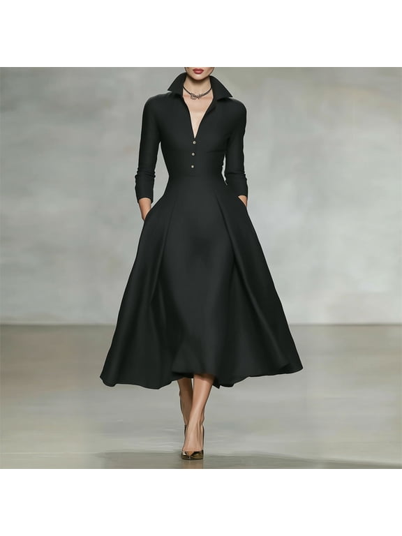 Women's Collared Shirt Midi Dress – Long Sleeve with Pockets Elegant Formal Office Cocktail Party A-Line Dress Black,L