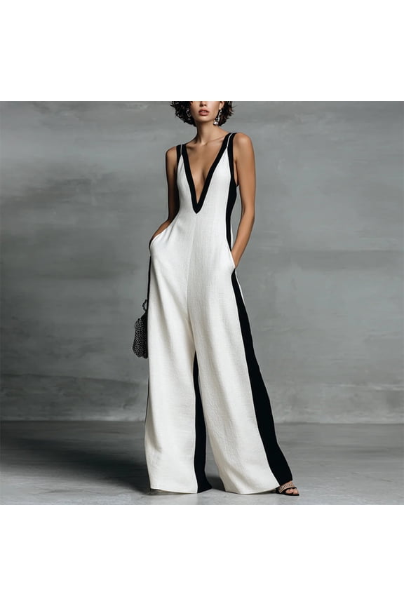 Women's Contrast Strap Color Block Jumpsuit – Sleeveless Deep V Neck Wide Leg, Trendy Party Romper White，M