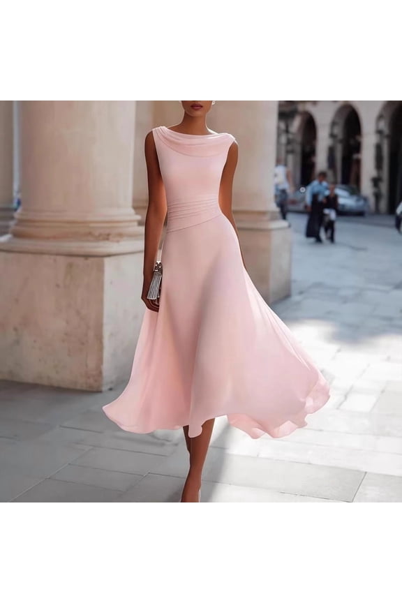 Women's Cowl Neck Sleeveless Midi Dress – Ruched Waist, A-Line Skirt, Elegant & Flowy Solid Color Cocktail Dress Pink,S
