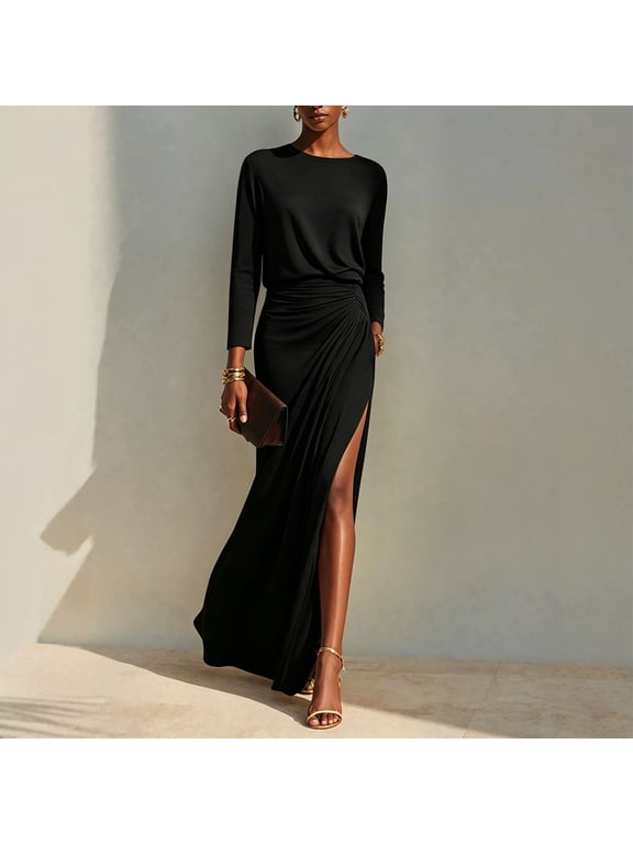 Women's Crew Neck Long Sleeve Maxi Dress Waist Ruched Side Split Elegant Slim Fit Long Gown Black,L