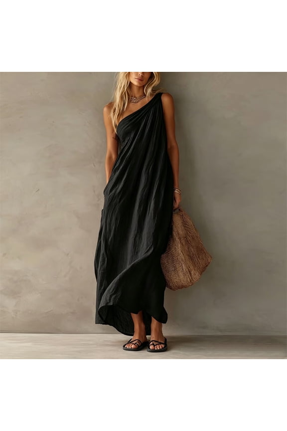 Women's Crinkle Textured One Shoulder Maxi Dress – Loose Draped Flowy with Side Pockets Boho Beach Vacation Dress Black，M