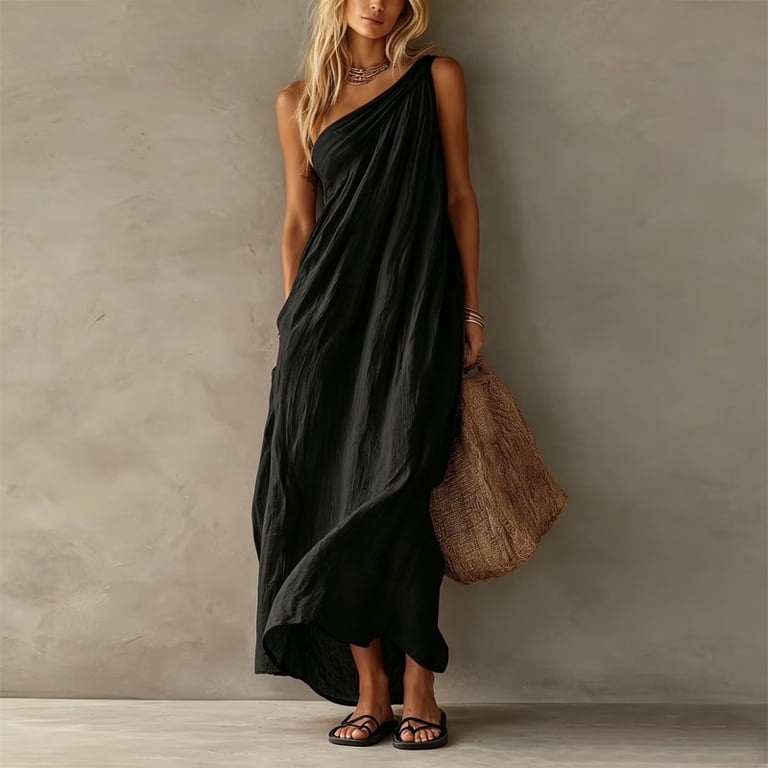 Morttic Women's Crinkle Textured One Shoulder Maxi Dress Loose Draped Flowy with Side Pockets Boho Beach Vacation Dress BlackXL