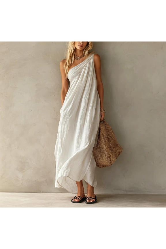 Women's Crinkle Textured One Shoulder Maxi Dress – Loose Draped Flowy with Side Pockets Boho Beach Vacation Dress White,M