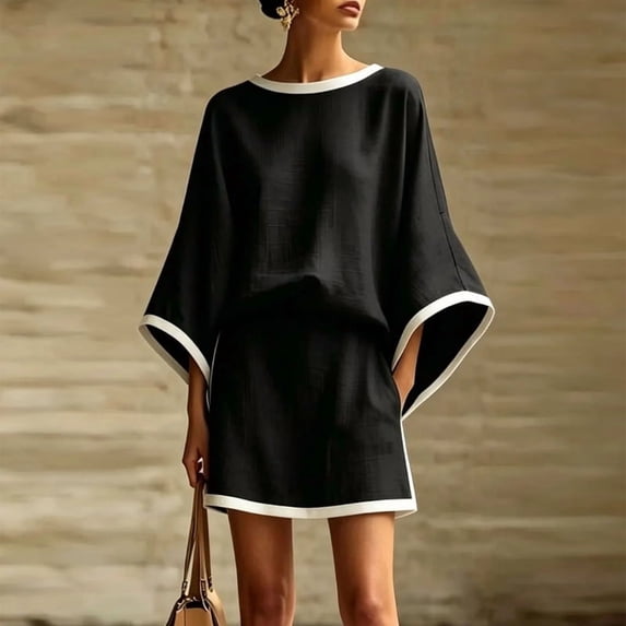 Morttic Women's Elegant 2 Piece Set – Batwing Sleeve Top & Mini Skirt with Contrast Trim Side Pockets for Beach Vacation Black,XXL