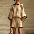 thumbnail image 1 of Morttic Women's Elegant 2 Piece Set – Batwing Sleeve Top & Mini Skirt with Contrast Trim Side Pockets for Beach Vacation Khaki，S, 1 of 2