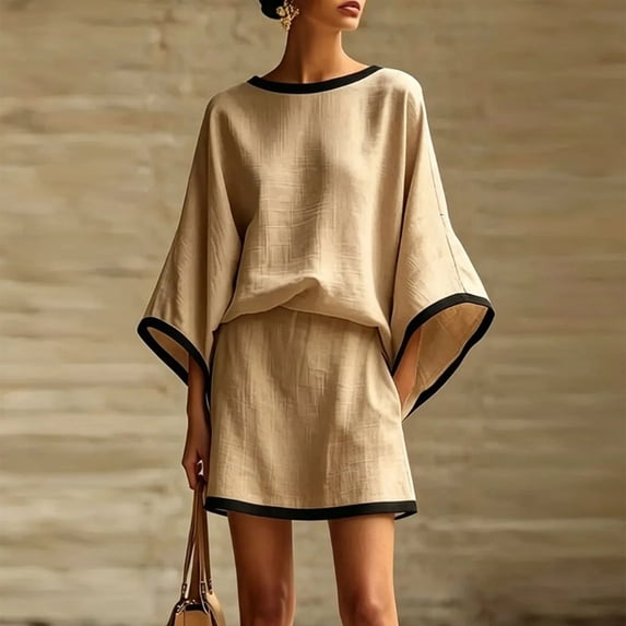 Morttic Women's Elegant 2 Piece Set – Batwing Sleeve Top & Mini Skirt with Contrast Trim Side Pockets for Beach Vacation Khaki,S