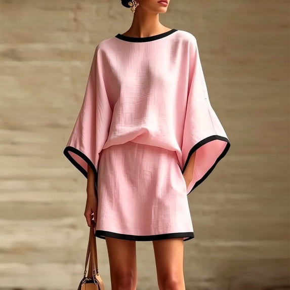 Morttic Women's Elegant 2 Piece Set – Batwing Sleeve Top & Mini Skirt with Contrast Trim Side Pockets for Beach Vacation Pink,M
