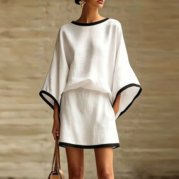 Morttic Women's Elegant 2 Piece Set – Batwing Sleeve Top & Mini Skirt with Contrast Trim Side Pockets for Beach Vacation White,S