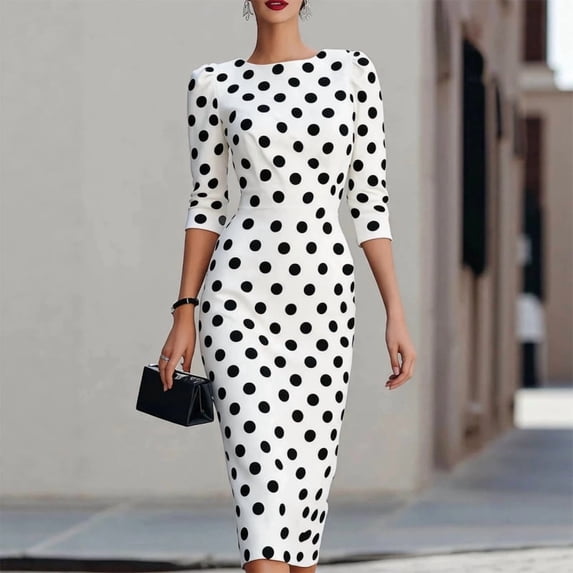 Morttic Women's Elegant 3/4 Sleeve Polka Dot Midi Dress – Vintage Slim Fit Crew Neck Bodycon Formal Party & Cocktail Dress White,S