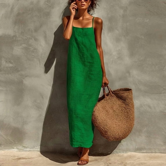 Morttic Women's Elegant Adjustable Spaghetti Strap Maxi Dress – Solid Color, Side Slit, Bohemian Beach Vacation Long Dress Green，M